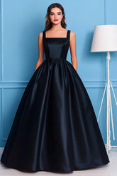 Schwarzes A-Linie Ballkleid aus Satin mit quadratischem Ausschnitt